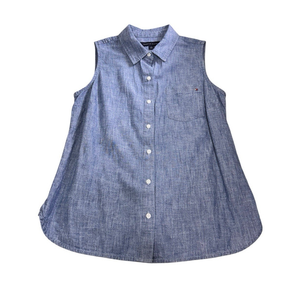 Women's Tommy Hilfiger Chambray Denim Button Front Sleeveless Shirt Sz Small Top - Picture 2 of 7